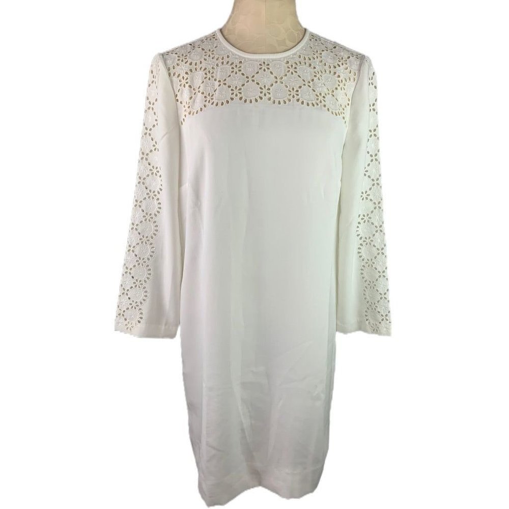 6‎ J.Crew Laser-cut Eyelet Dress in 365 Crepe White Dress Long Sleeve AK222